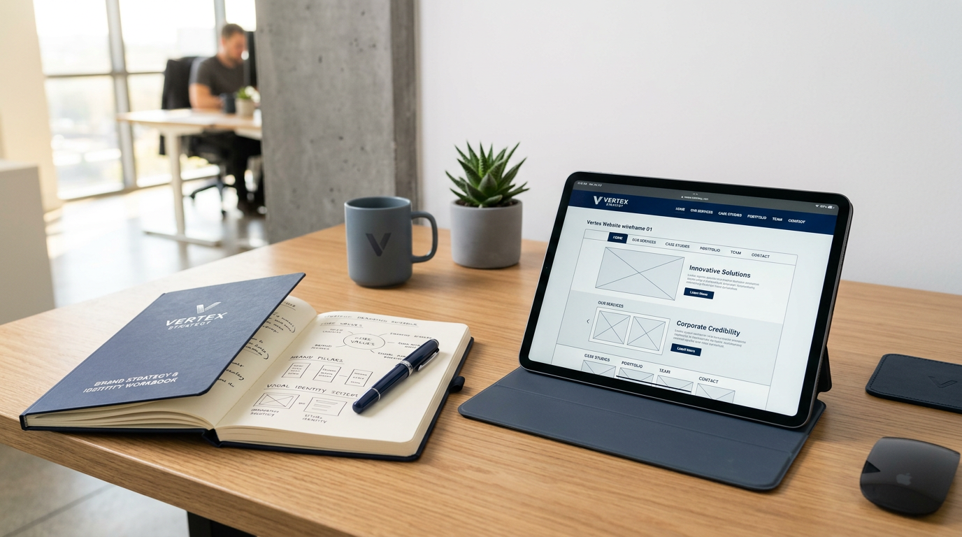 Minimal workspace with a website blueprint and brand notebook, representing focused website strategy