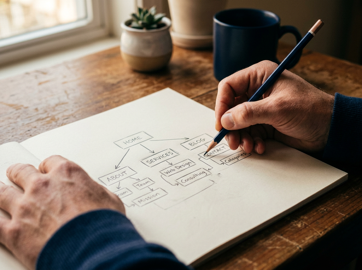 Hand sketching site structure diagram with clean lines
